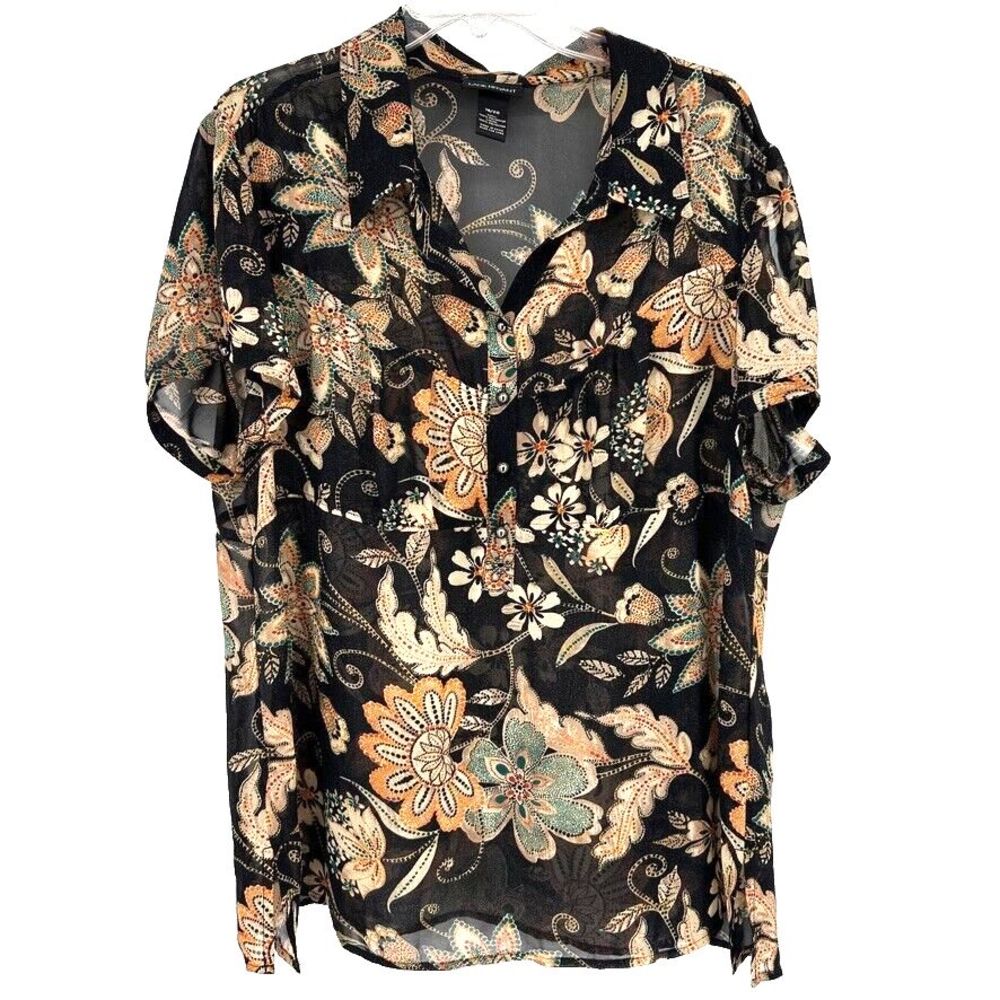 Lane Bryant Top Size 18/20 Short Sleeve Black Orange Floral Print Semi Sheer